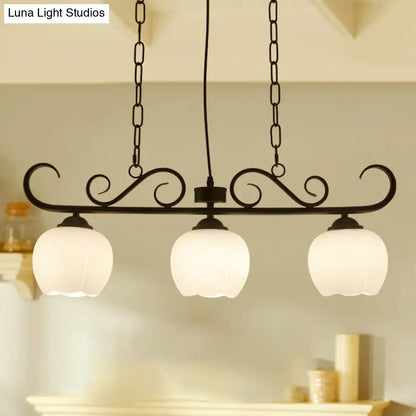 DecorBites™ Traditional Black Flower Island Lighting Fixture with Milky Glass - 3 Bulbs Dining Room Pendant Light