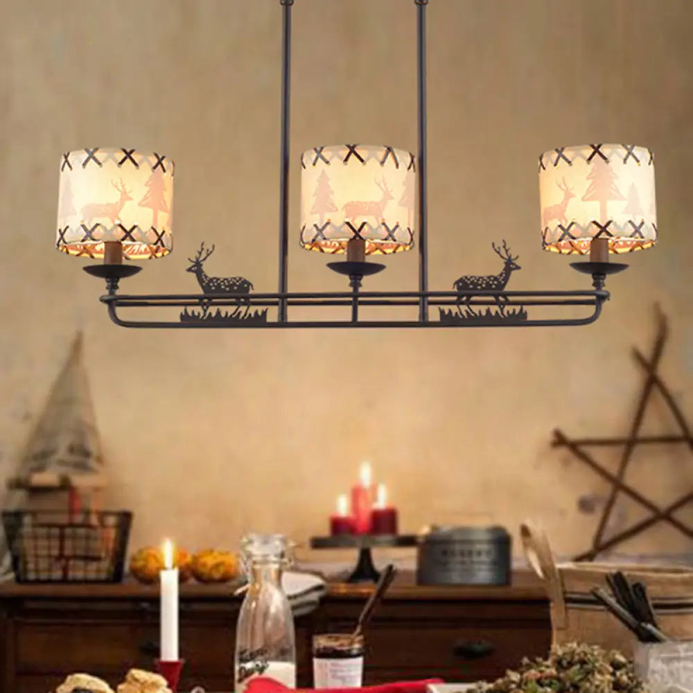 DecorBites™ Traditional Black Island Hanging Lamp with 3 Barrel Fabric Shades for Dining Room Lighting