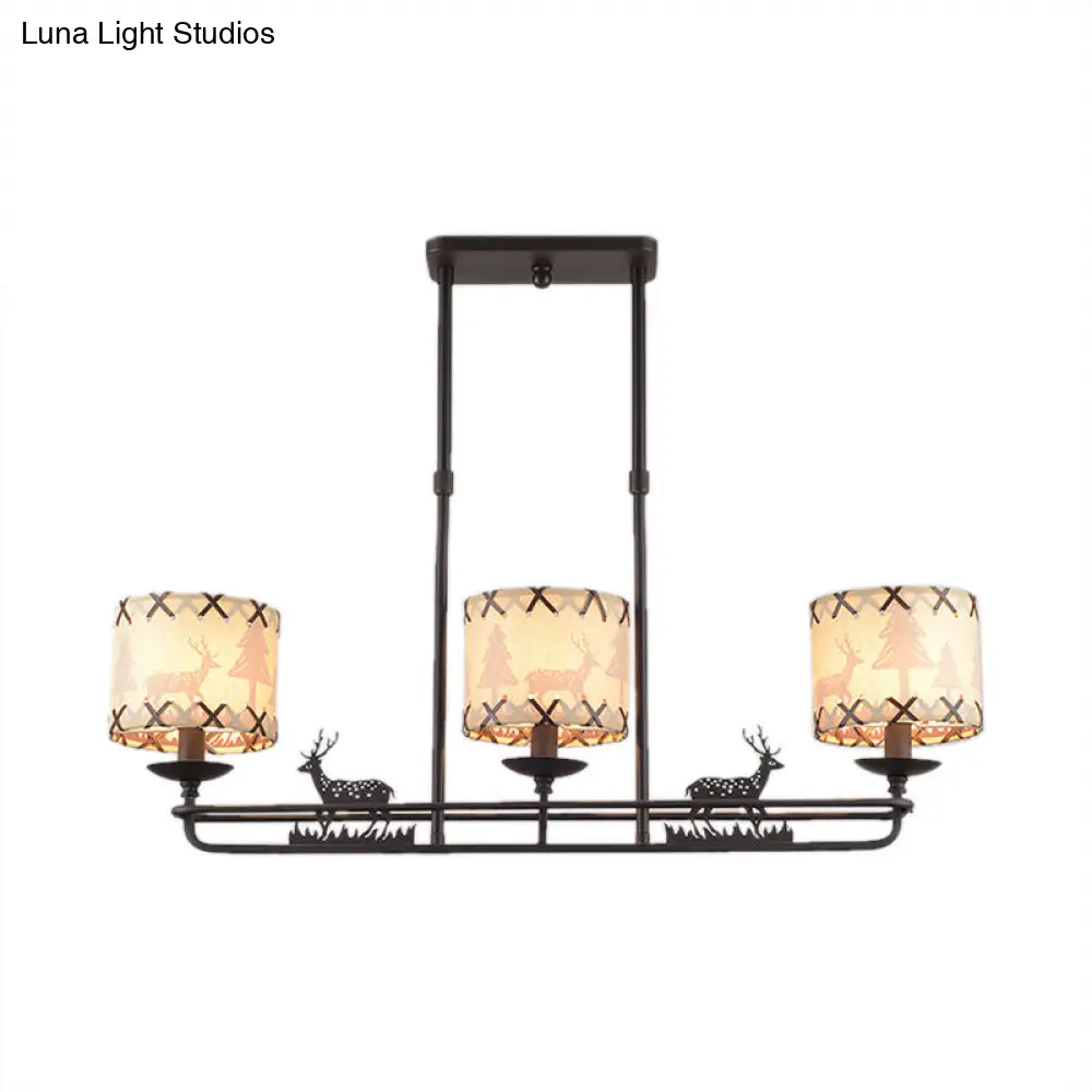 DecorBites™ Traditional Black Island Hanging Lamp with 3 Barrel Fabric Shades for Dining Room Lighting