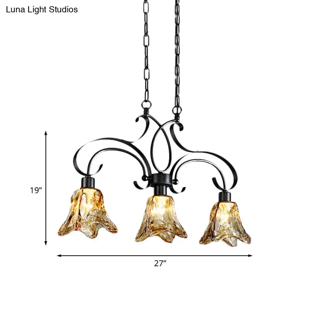 Traditional black island lamp with amber glass dining room chandelier