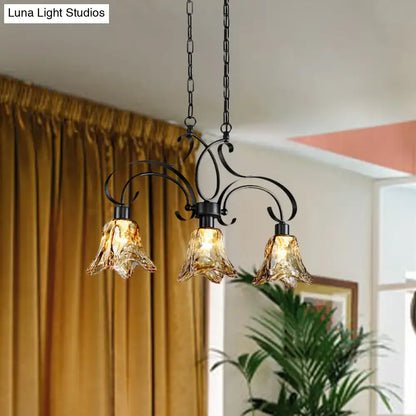 Traditional black island lamp with amber glass dining room chandelier
