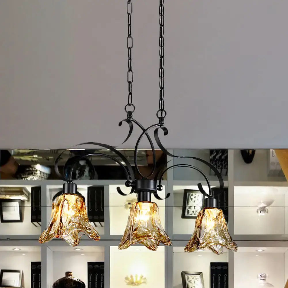 Traditional black island lamp with amber glass dining room chandelier