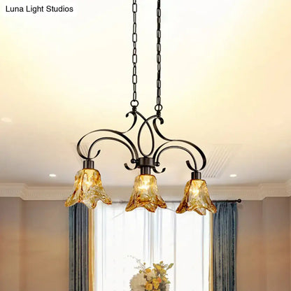 Traditional black island lamp with amber glass dining room chandelier