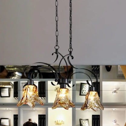 DecorBites™ Traditional Black Island Lamp with Amber Glass, Floral Design, and 3 Down Lighting Pendants for Dining Room