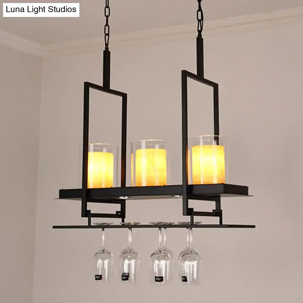 Traditional black marble pendant light with wine glass rack dining room