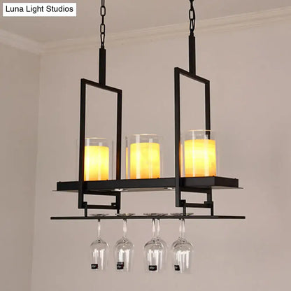 Traditional black marble pendant light with wine glass rack dining room
