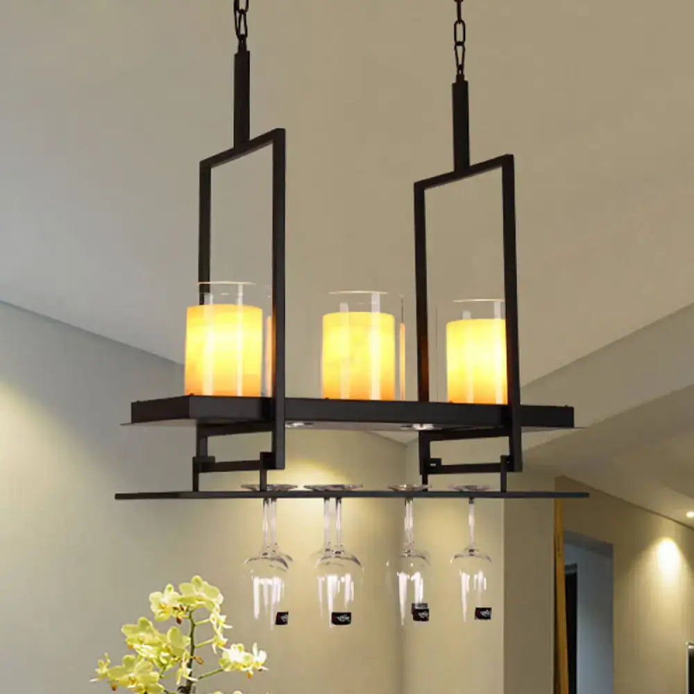 Traditional black marble pendant light with wine glass rack dining room