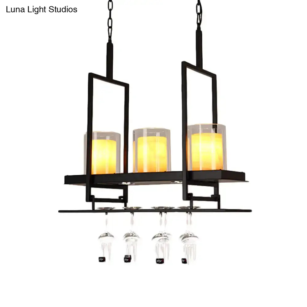 Traditional black marble pendant light with wine glass rack dining room