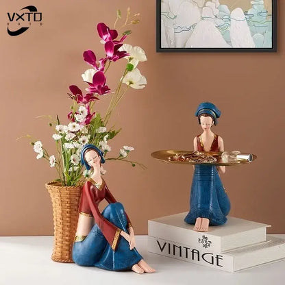 Traditional blue & red resin ornaments cute girls storage living room