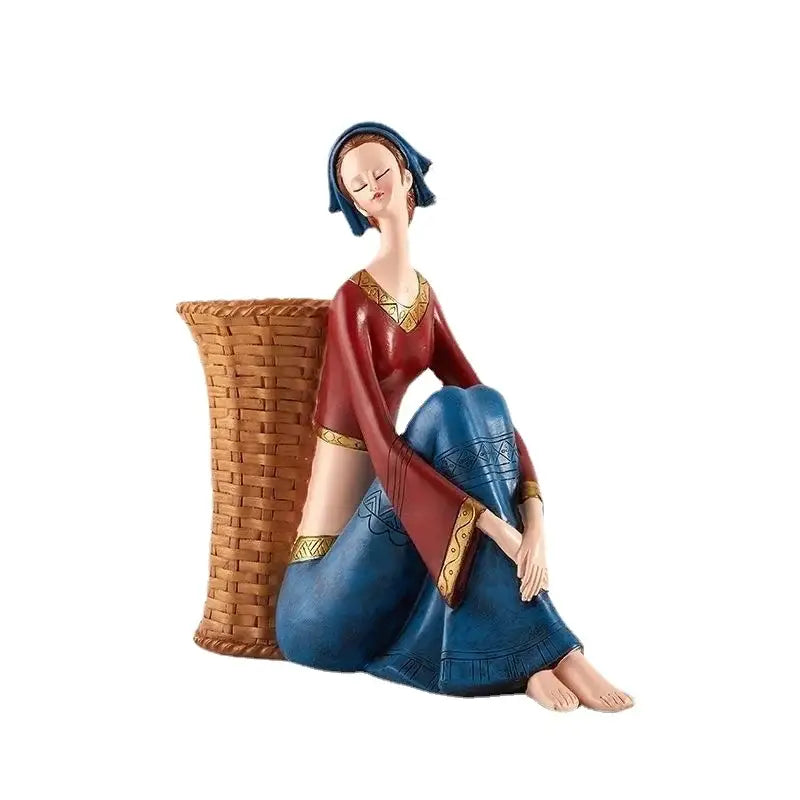 Traditional blue & red resin ornaments cute girls storage living room
