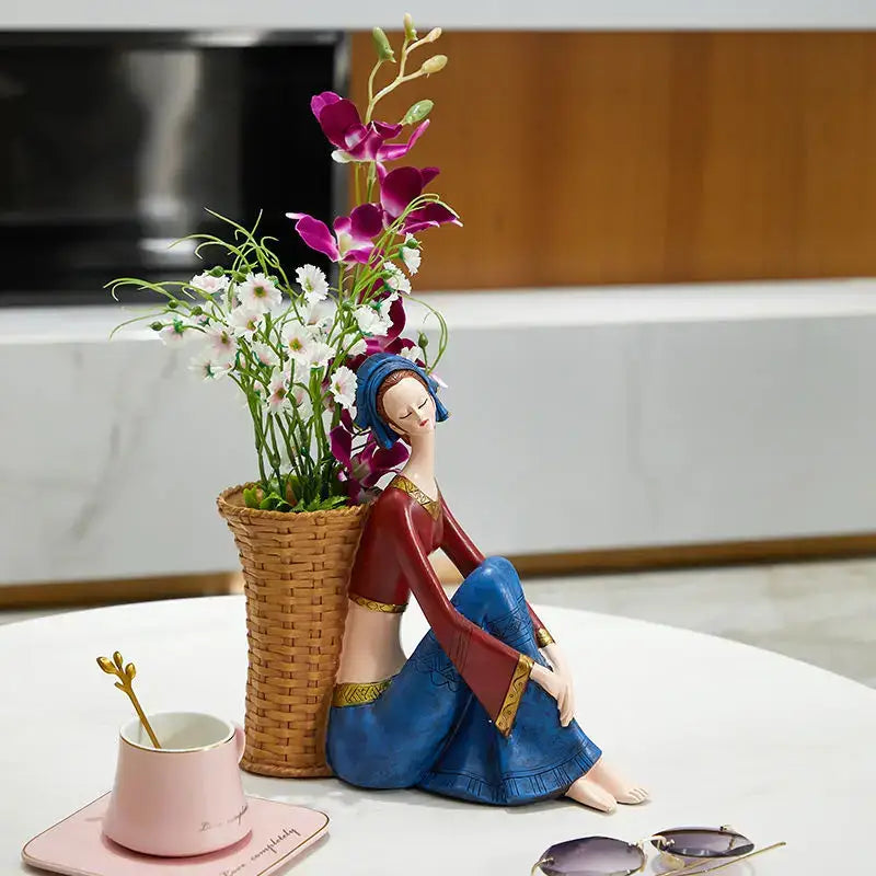 Traditional blue & red resin ornaments cute girls storage living room
