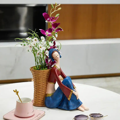Traditional blue & red resin ornaments cute girls storage living room