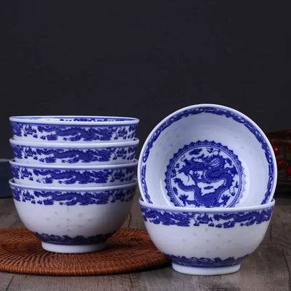 Traditional blue & white porcelain dragon rice bowls dining room set