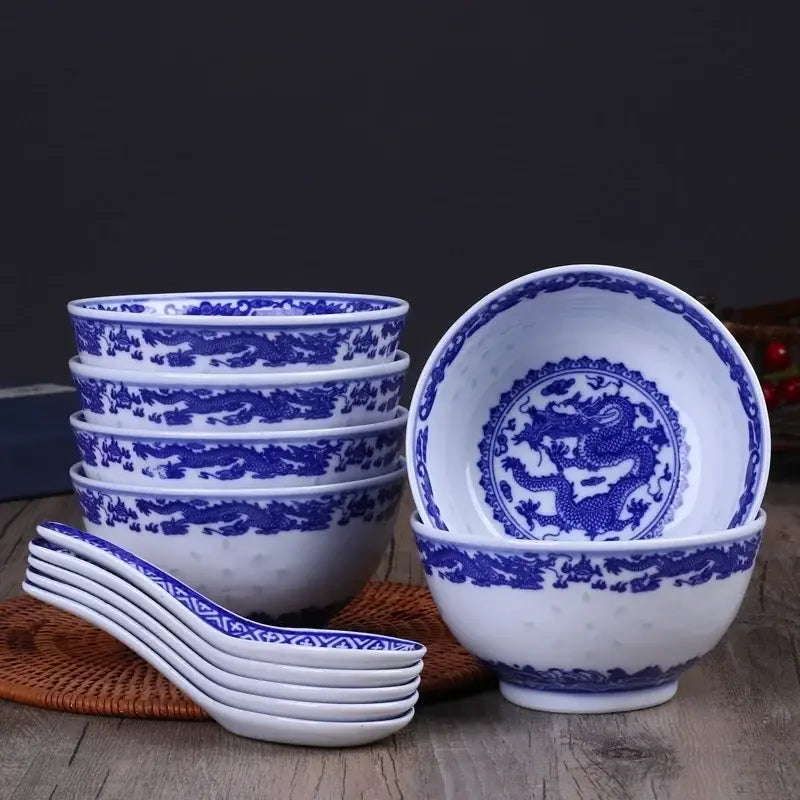 Traditional blue & white porcelain dragon rice bowls dining room set