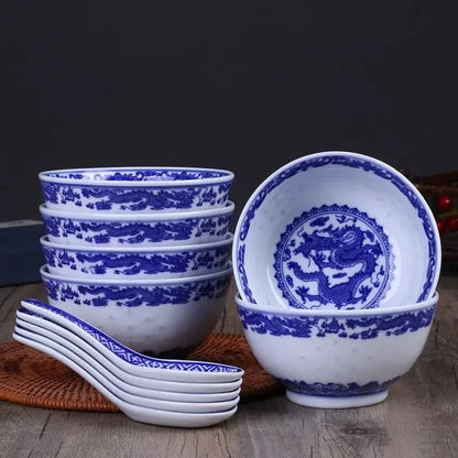 Traditional blue & white porcelain dragon rice bowls dining room set
