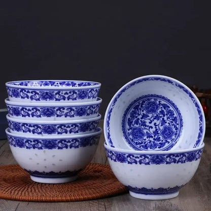 Traditional blue & white porcelain dragon rice bowls dining room set