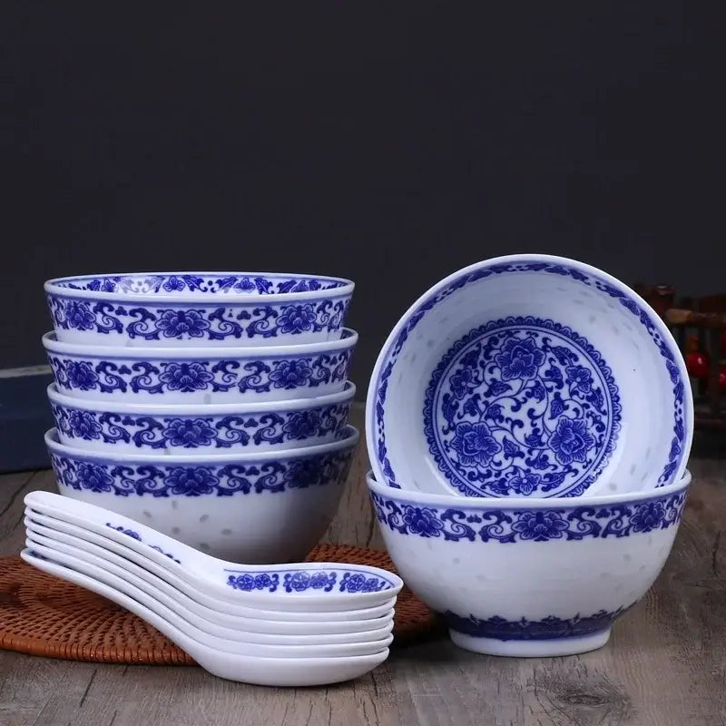 Traditional blue & white porcelain dragon rice bowls dining room set