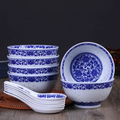 Traditional blue & white porcelain dragon rice bowls dining room set