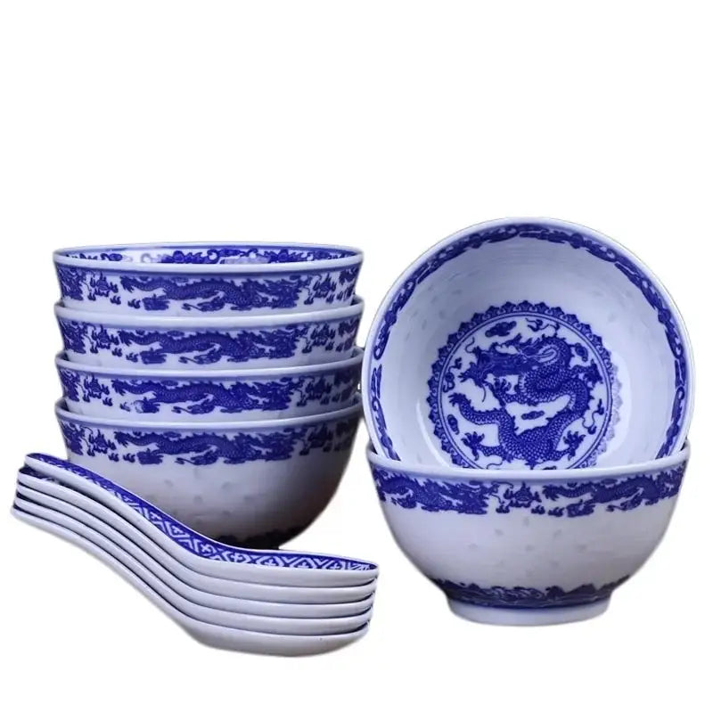 Traditional blue & white porcelain dragon rice bowls dining room set