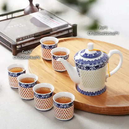 Traditional blue & white porcelain tea set dining room perforated body