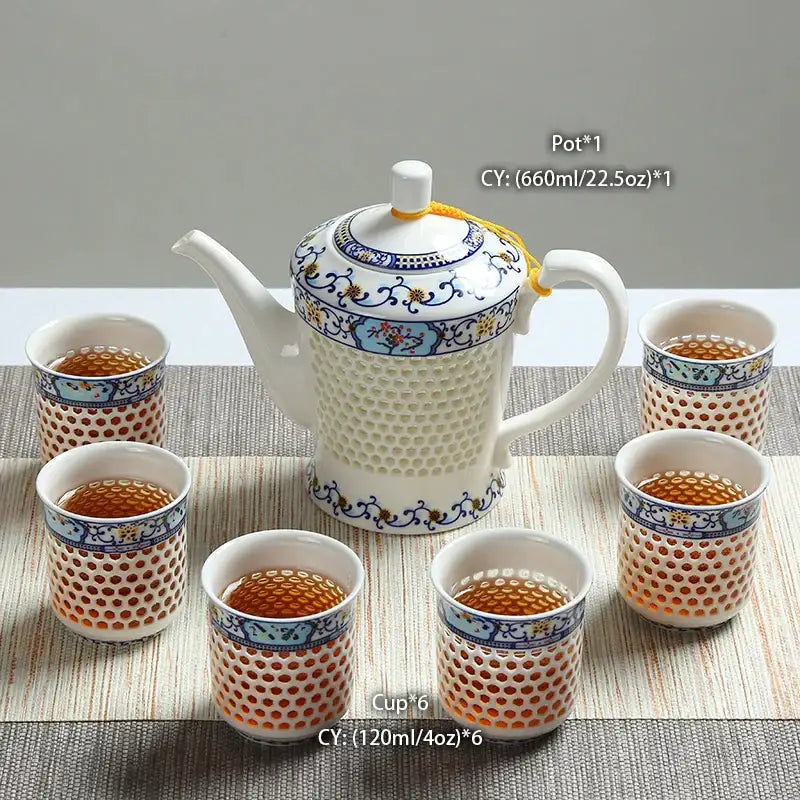 Traditional blue & white porcelain tea set dining room perforated body