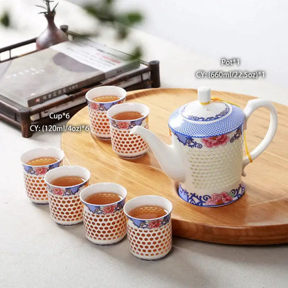 Traditional blue & white porcelain tea set dining room perforated body