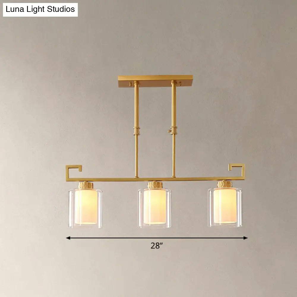 DecorBites™ Traditional Brass 3-Light Island Lamp with Clear and Frosted Glass Cylindrical Suspension