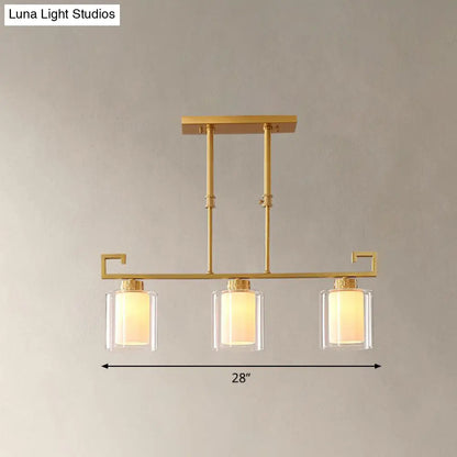 DecorBites™ Traditional Brass 3-Light Island Lamp with Clear and Frosted Glass Cylindrical Suspension