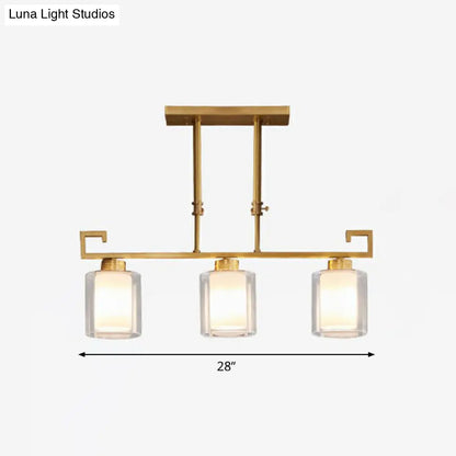 DecorBites™ Traditional Brass 3-Light Island Lamp with Clear and Frosted Glass Cylindrical Suspension