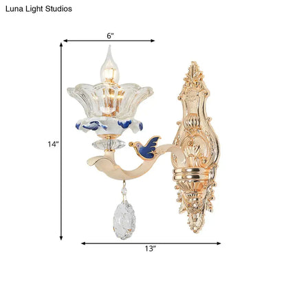 Traditional brass crystal flower wall sconce light living room bird