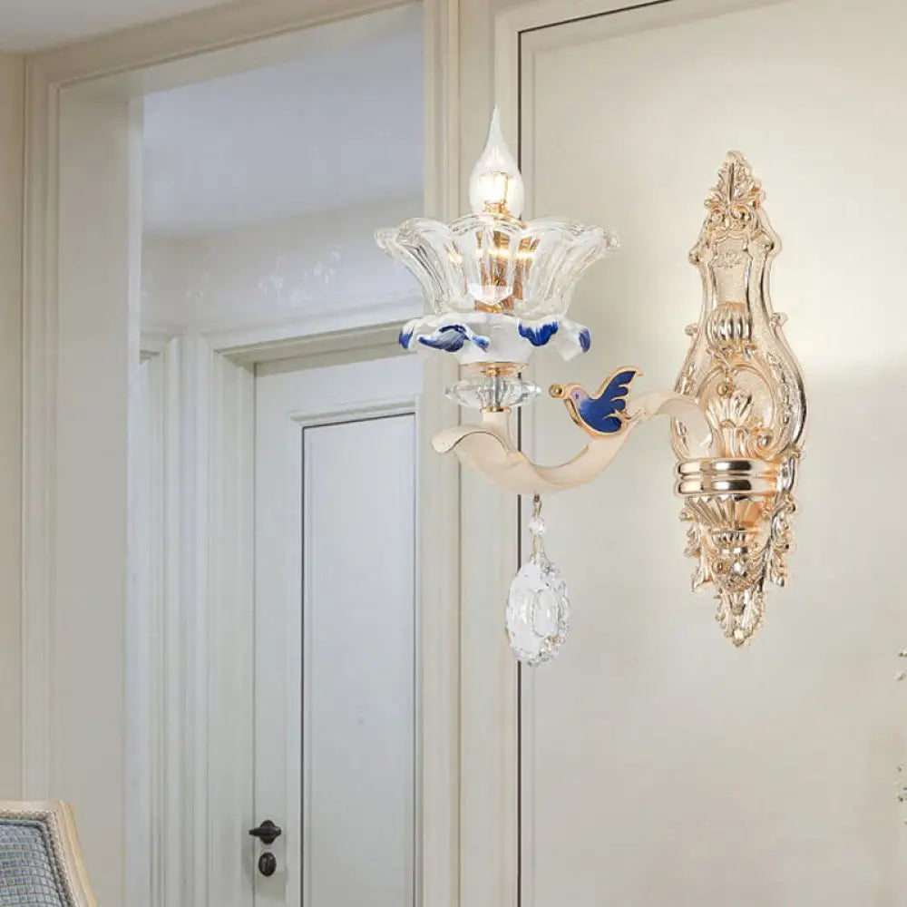 DecorBites™ Traditional Brass Wall Sconce Light with Crystal Flower Shade - Perfect for Living Room