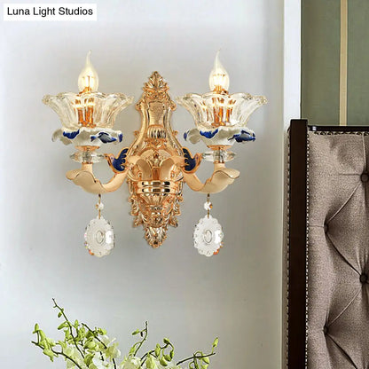 DecorBites™ Traditional Brass Wall Sconce Light with Crystal Flower Shade - Perfect for Living Room