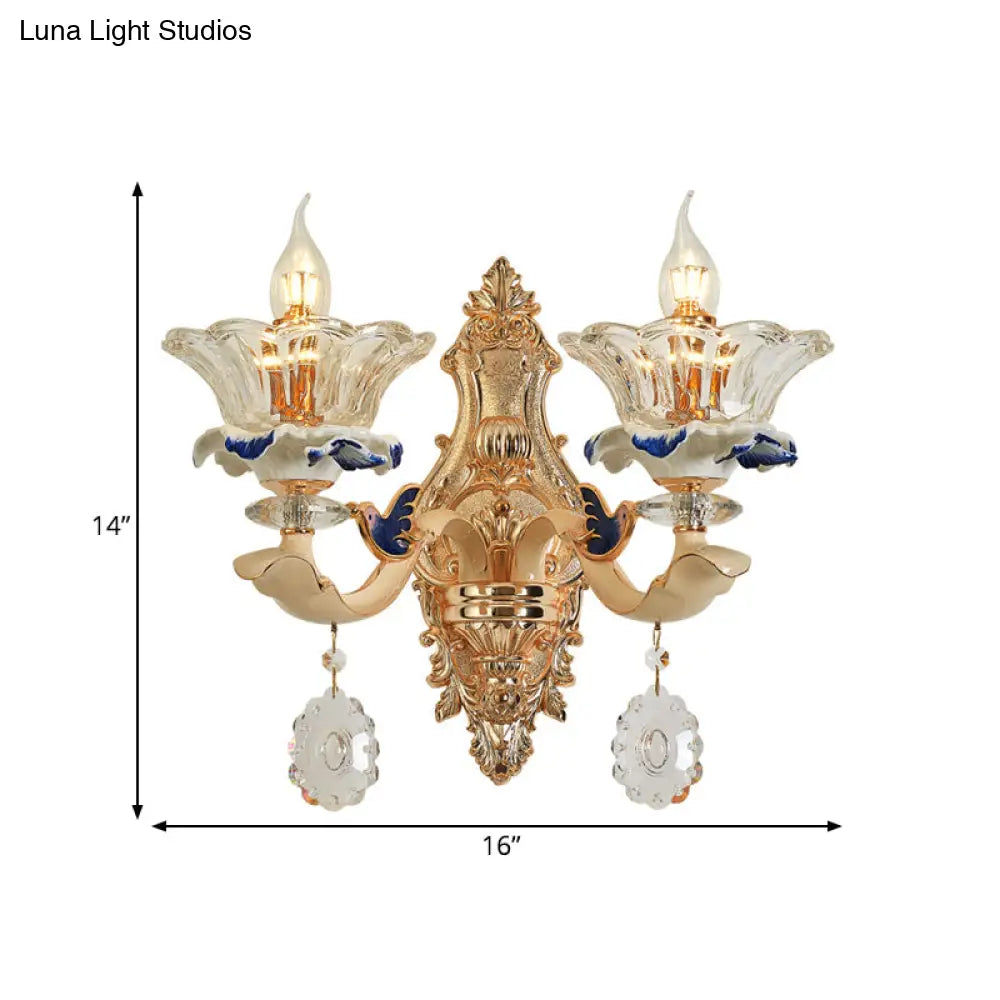 DecorBites™ Traditional Brass Wall Sconce Light with Crystal Flower Shade - Perfect for Living Room