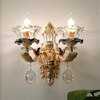 DecorBites™ Traditional Brass Wall Sconce Light with Crystal Flower Shade - Perfect for Living Room