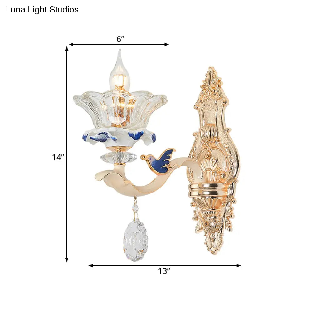 DecorBites™ Traditional Brass Wall Sconce Light with Crystal Flower Shade - Perfect for Living Room