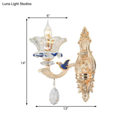 DecorBites™ Traditional Brass Wall Sconce Light with Crystal Flower Shade - Perfect for Living Room