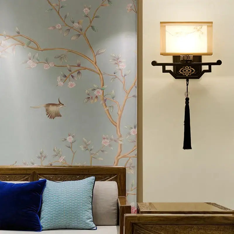 Traditional bronze floral elegant fabric wall lamp bedroom lighting