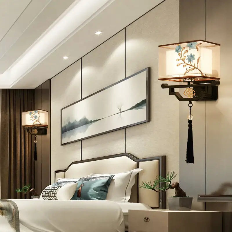 Traditional bronze floral elegant fabric wall lamp bedroom lighting