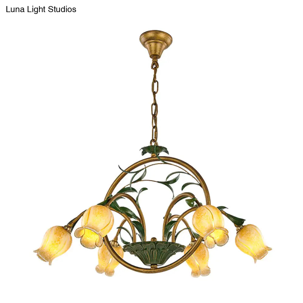DecorBites™ Traditional Floral Ceiling Chandelier - White/Yellow/Purple Glass - 6 Hanging Light Heads