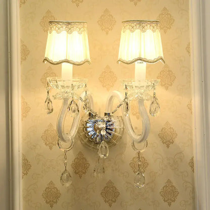 Traditional gold crystal candle wall lamp for bedroom with lace shade