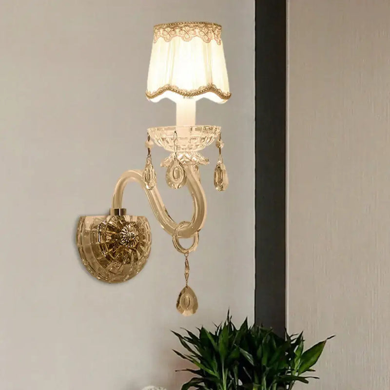 Traditional gold crystal candle wall lamp for bedroom with lace shade