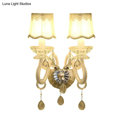 Traditional gold crystal candle wall lamp for bedroom with lace shade