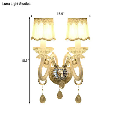 Traditional gold crystal candle wall lamp for bedroom with lace shade