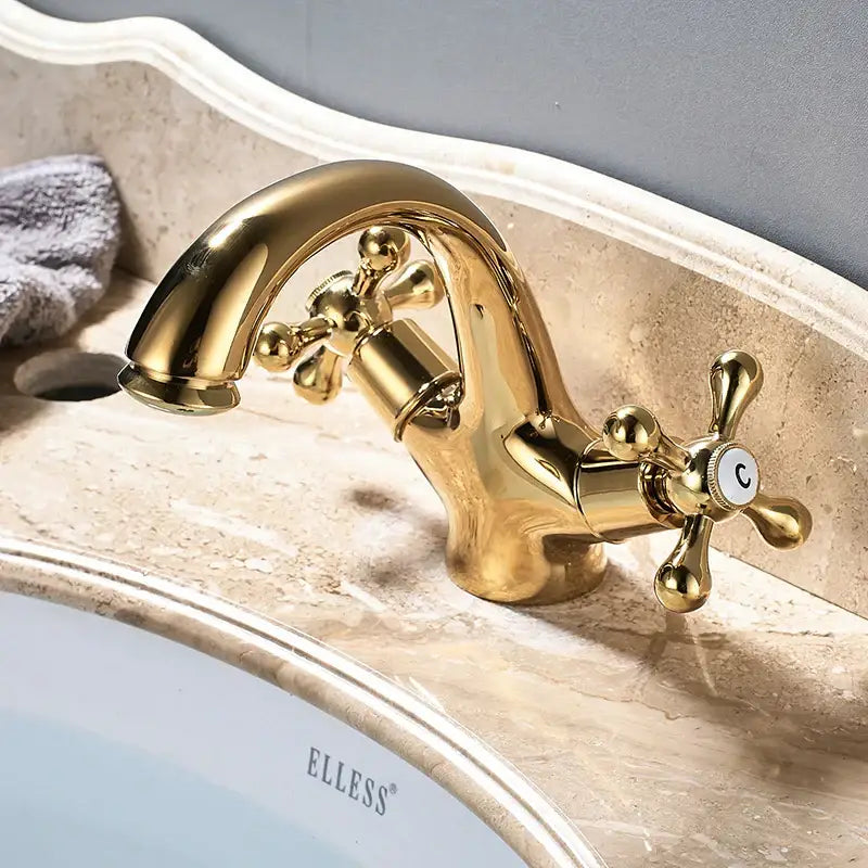 Traditional gold vessel sink basin faucet bathroom dual cross handle