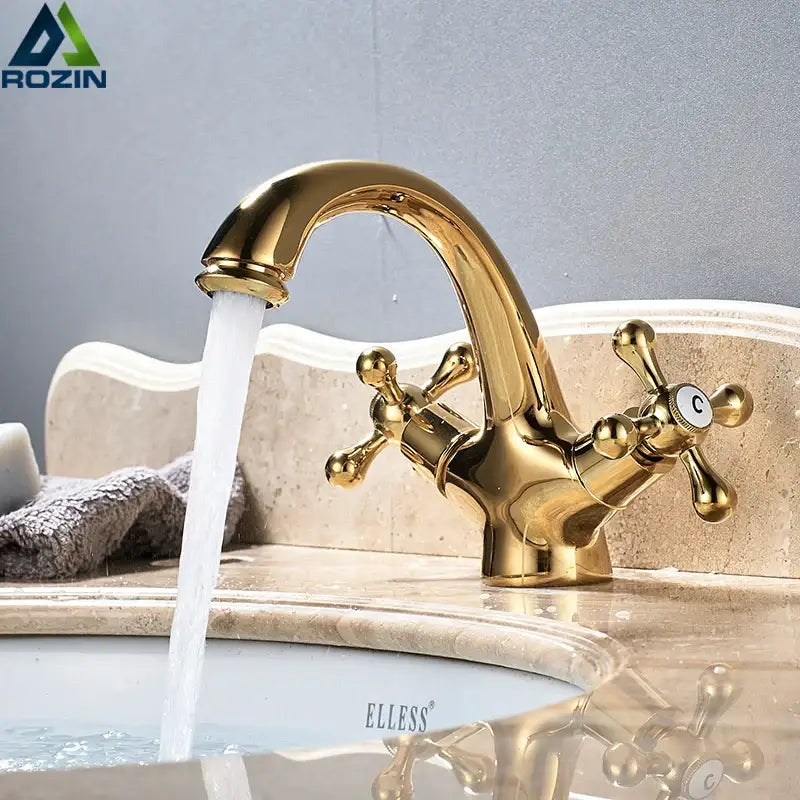 Traditional gold vessel sink basin faucet bathroom dual cross handle