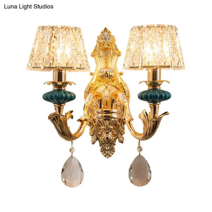 Traditional seedy crystal gold & teal drum wall mount bedroom sconce