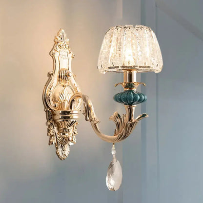 Traditional seedy crystal gold & teal drum wall mount bedroom sconce