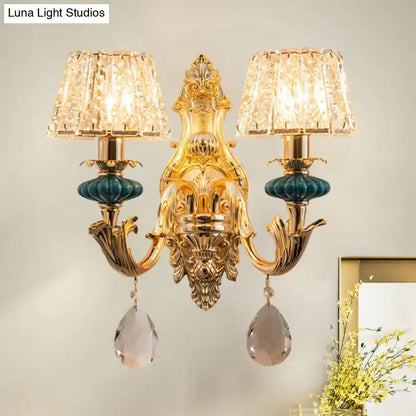 Traditional seedy crystal gold & teal drum wall mount bedroom sconce