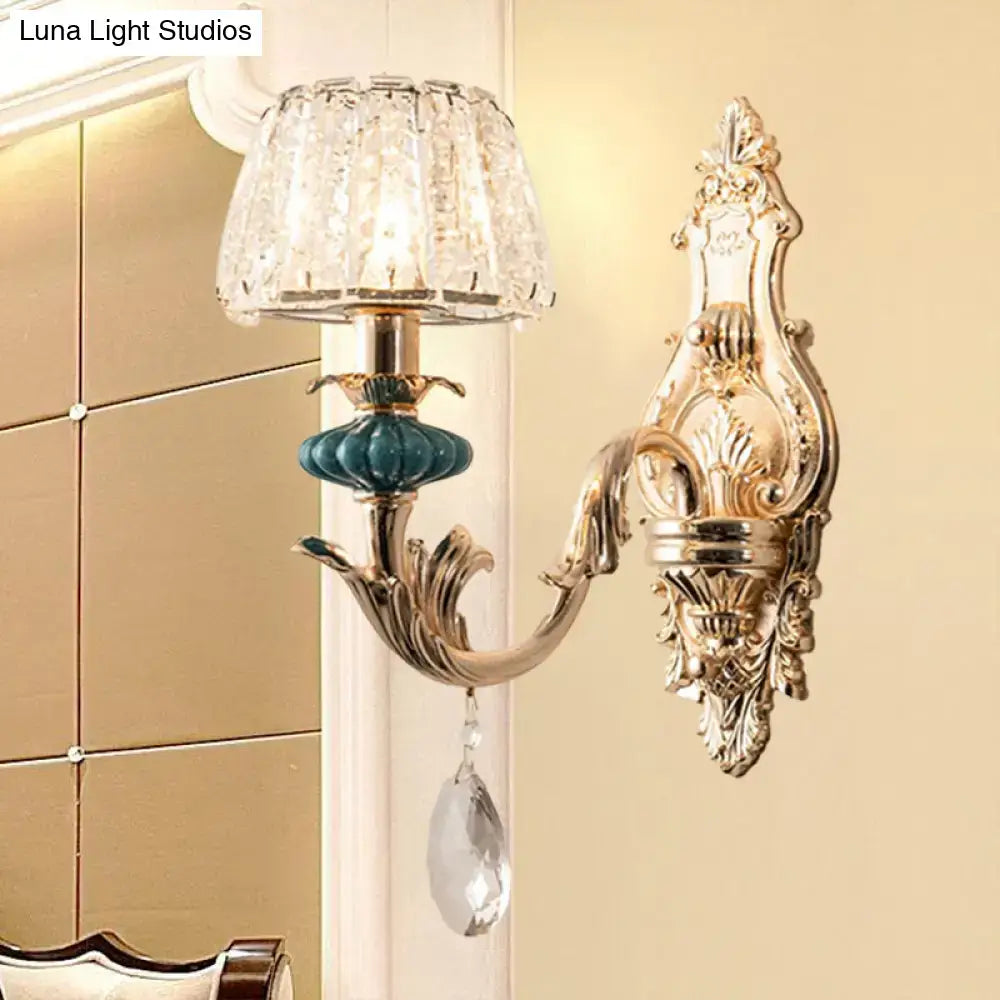 Traditional seedy crystal gold & teal drum wall mount bedroom sconce
