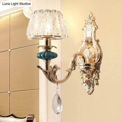 Traditional seedy crystal gold & teal drum wall mount bedroom sconce
